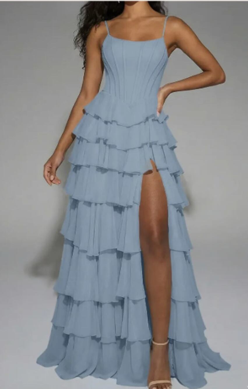 AW BRIDAL SZ 16 plus light dusty blue Joy chiffon tiered lace up maxi dress B29